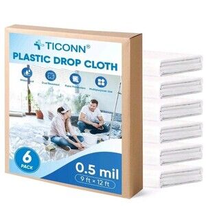 TICONN 12 x 9 Ft Plastic Drop Cloth for Painting, Waterproof 0.5 Mil, Clear
